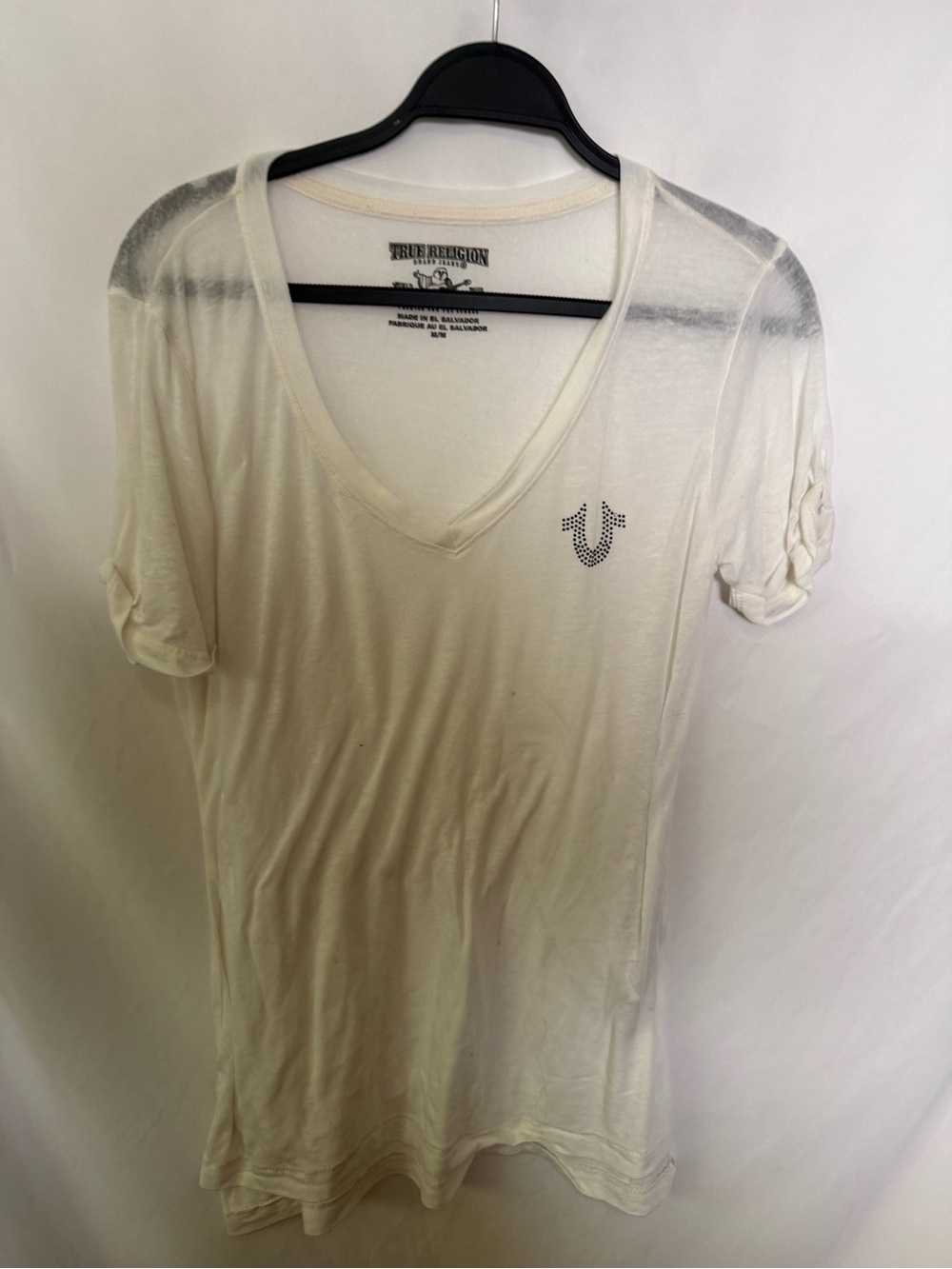 True Religion Women's Sheer White V-Neck Logo T Shirt.  Sz L